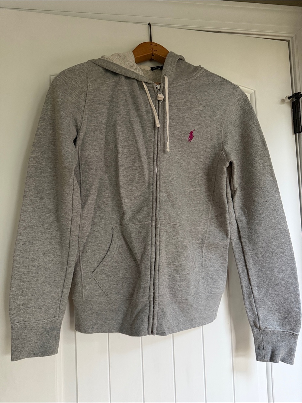 Ralph Lauren Light Gray Zip Hoodie with Pink Polo Emblem
